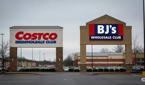 Costco and BJs store signs next to each other