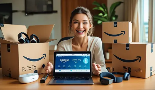 Smiling woman with Amazon boxes and laptop highlighting top Prime Day discounts and best deals for July 2025.