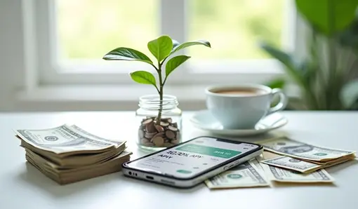 Smartphone displaying 4.20% APY on a banking app surrounded by dollar bills, coins, and a plant in a jar, symbolizing the best ways to earn interest on idle checking balances