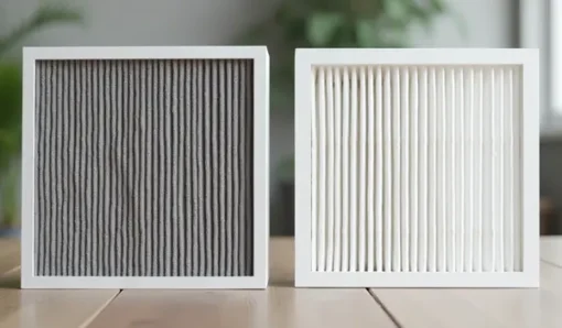Dirty AC filter next to a clean AC filter showing when to change your AC filter