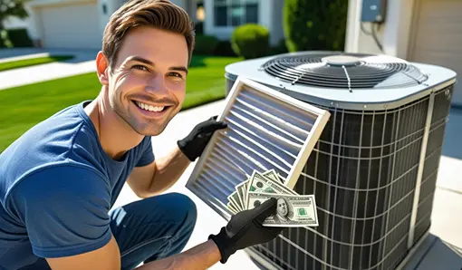 man replacing air filter and cleaning AC condenser holding dollars showing money saved by doing your own AC maintenance