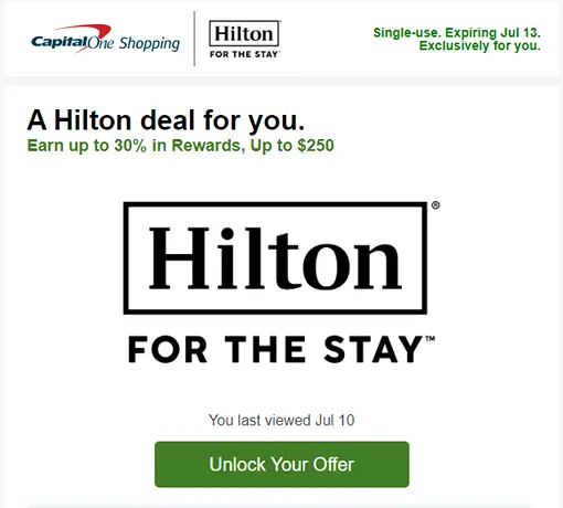 Capital One Shopping targeted offer 30% off Hilton hotels