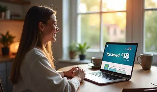 Woman using a laptop with Capital One Shopping on screen showing $18 Savings from coupon codes