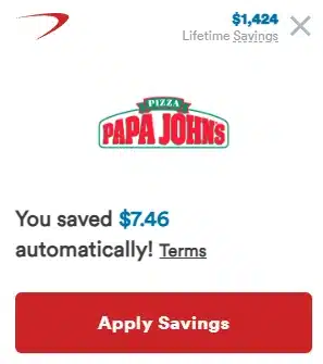 Screenshot showing real coupon savings with Capital One Shopping on a Papa Johns pizza order