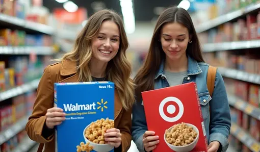Photo of two shoppers in a grocery aisle — one smiling while holding a Walmart-branded product, the other frowning while holding an identical Target-branded product — illustrating Walmart’s lower grocery prices compared to Target.