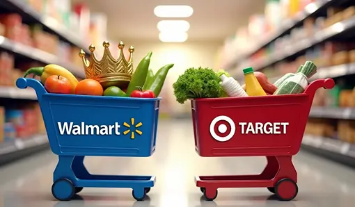 Photo of two grocery carts in a store aisle — Walmart cart overflowing with groceries and a gold crown, Target cart partially filled — symbolizing Walmart winning the grocery price comparison.