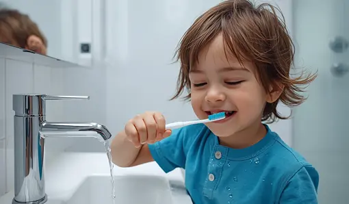 Young child in a bright blue shirt brushing their teeth with water running from a silver faucet in a clean white-tiled bathroom, illustrating how everyday habits can increase the average water and sewer bill.