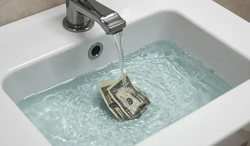 Sink filled with water and dollar bills going down the drain