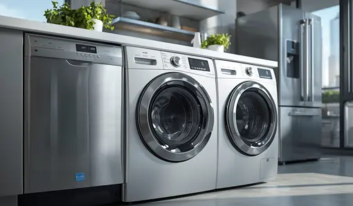 Ultra-realistic photo of a modern kitchen and laundry area with stainless steel dishwasher, front-loading washing machine, and refrigerator, all energy- and water-efficient appliances designed to reduce household utility bills.