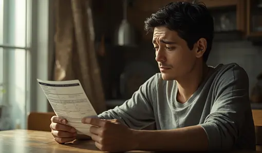 Ultra-realistic side profile of a person sitting at a kitchen table in daylight, holding and examining a water bill with a concerned facial expression, showing confusion over high water and sewer charges.