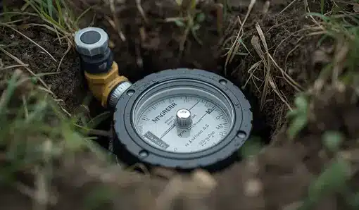 Ultra-realistic photo of a water meter partially buried in dirt and grass, showing the silver handle and glass face with etched numbers, symbolizing how water usage is measured for household water and sewer bills.
