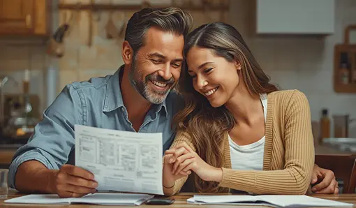 A couple at a kitchen table reviewing a plan to achieve debt freedom, holding hands and smiling with relief.