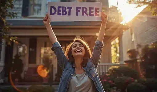 Smiling person celebrating debt freedom outside home holding a sign saying 'Debt free'