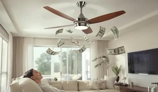 Woman saving electricity and money using ceiling fan in living room.